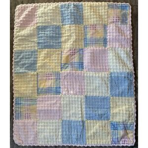 Vintage Crib Quilt Handmade Gingham Patchwork 33" x 39" Baby Bedding Blanket